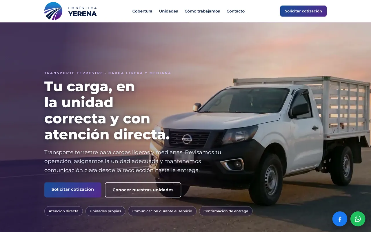 Portada del sitio de Logística Yerena: el titular «Tu carga, en la unidad correcta y con atención directa» junto a una camioneta de carga
