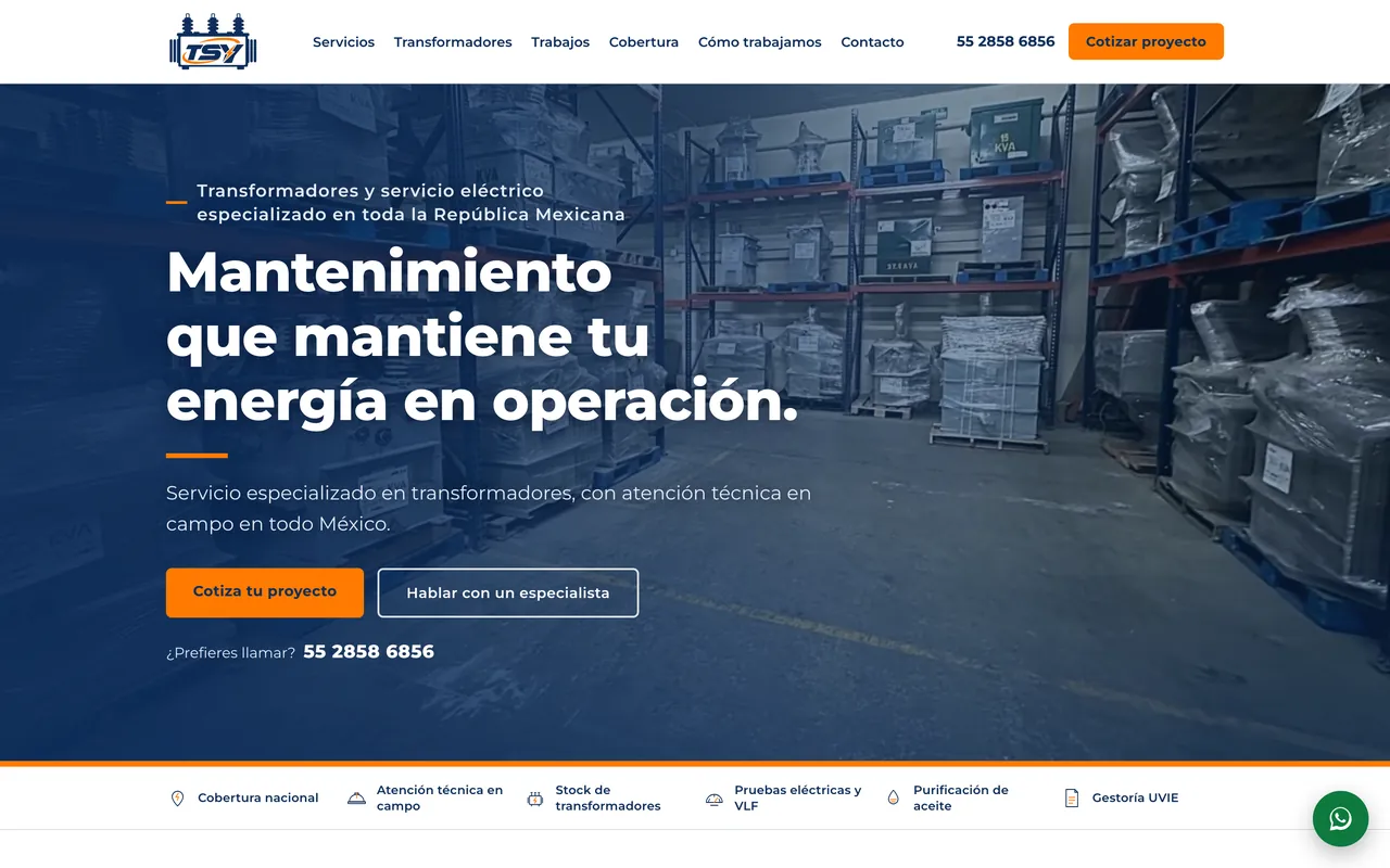 Portada del sitio de TSY: el titular «Mantenimiento que mantiene tu energía en operación» sobre una bodega con transformadores